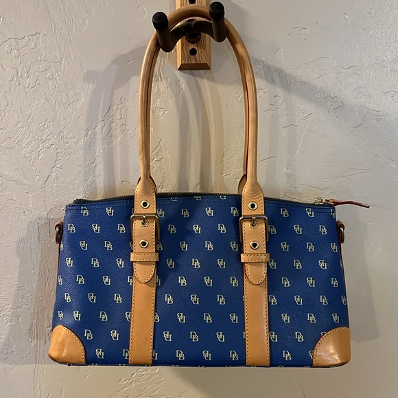 Dooney & Bourke Blue Tan Monogram Satchel Purse Double Handle - Picture 2 of 14